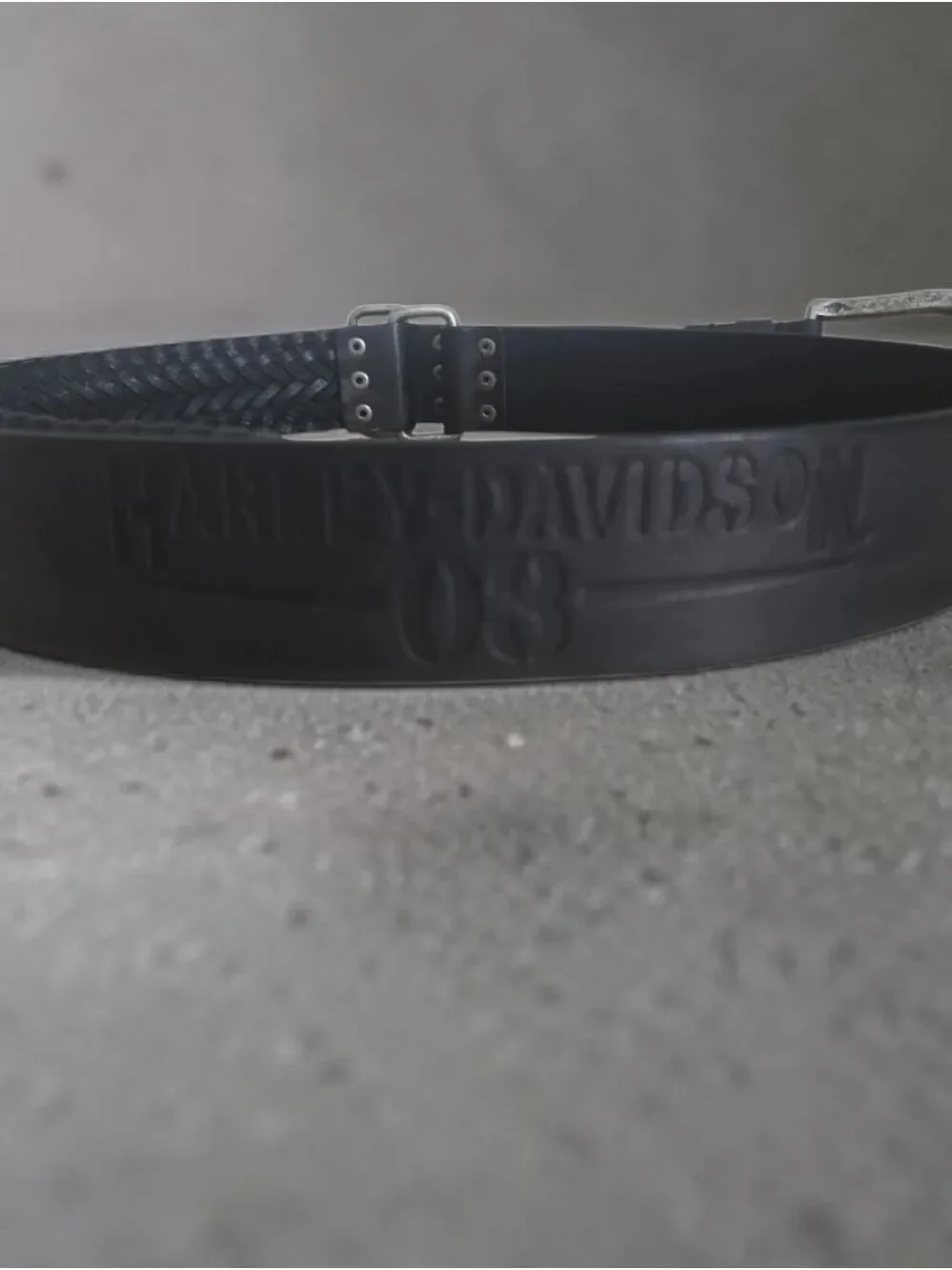 VTG Harley Davidson 03 Black Leather Belt Braided Trim Solid Brass Buckle 44